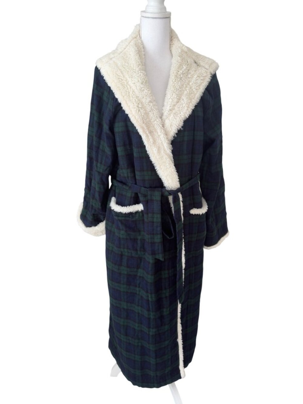 L.L.Bean Robe Womens Large Green Navy Tartan Plaid Sherpa Lined 508108 Hooded